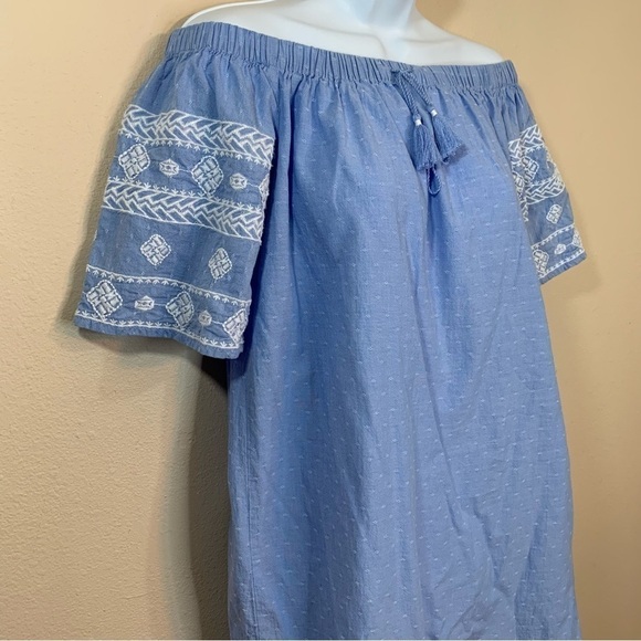 XS Old Navy Blue Embroidered Peasant Tunic Short Dress Boho Off Shoulder - Picture 2 of 7